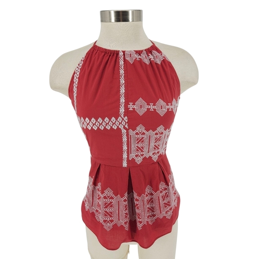 JOIE Halter Tank Top Burnt Red Embroidered Sleeveless Lined Pleated Peplum Shirt